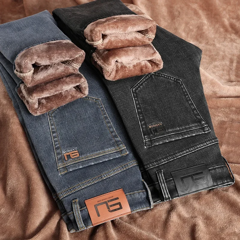 Winter Thickened Fleece Jeans Men's High Quality Slim Straight Elastic Casual Denim Pants Warm Plush Velvet Fashion Trousers