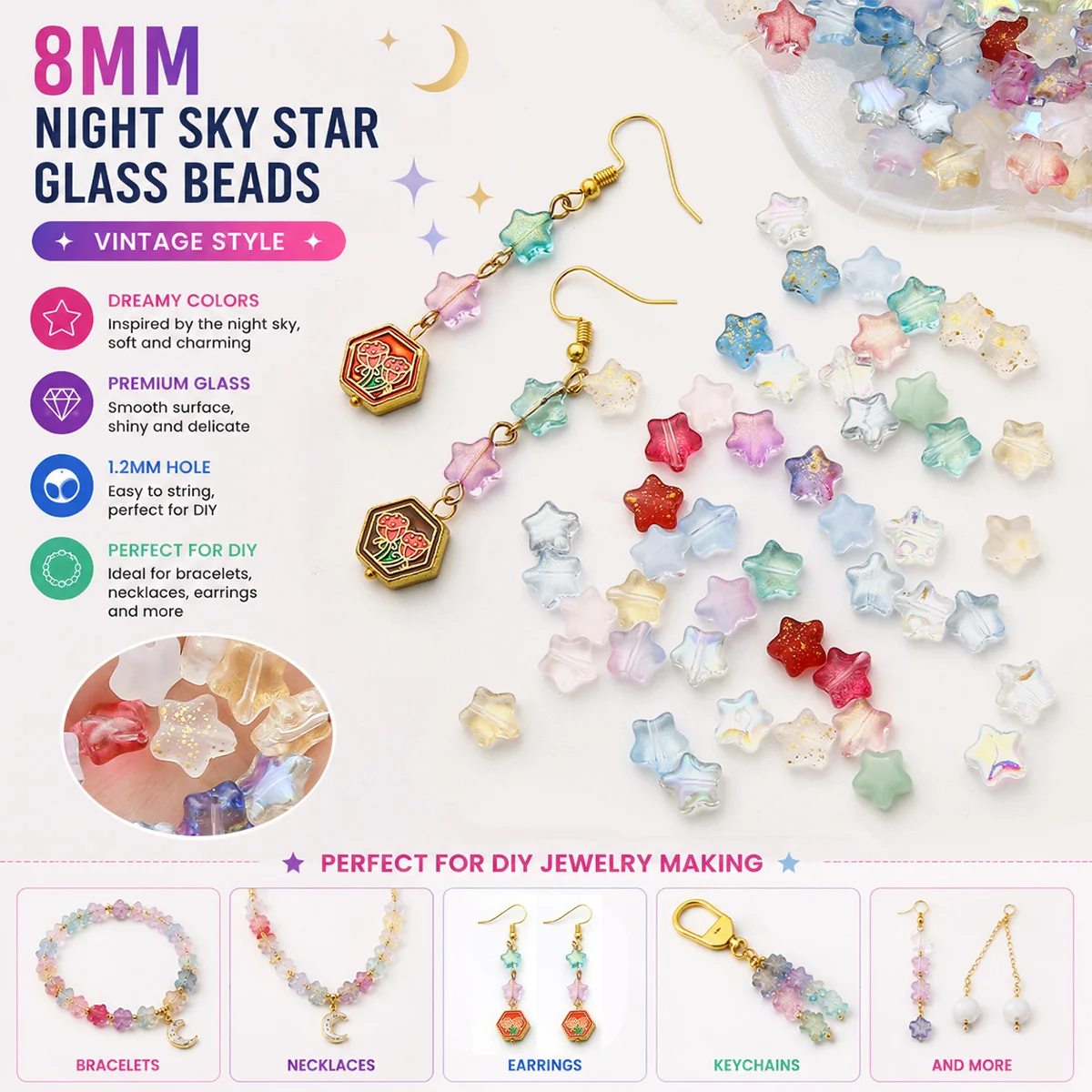 8mm Vintage Night Sky Star Pattern Glass Beads Loose Beads for DIY Jewelry Making Bracelet Earring Necklace Craft