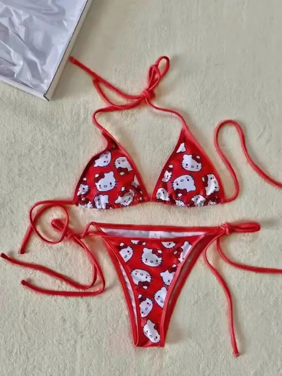 2 sztuki Hello Kitty zestaw bikini Kawaii Y2K lato 2024 nowe damskie majtki plażowe z paskami seksowne stroje kąpielowe dla dziewczynki