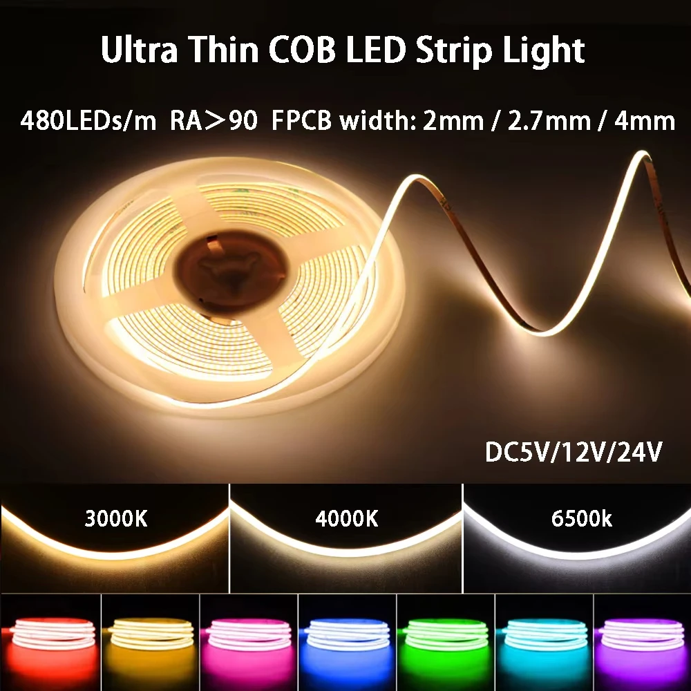 Ultra Thin 2mm 2.7mm 4mm Colorful COB LED Strip Lights DC5V/12V/24V RA90 480LED/m High Density LED Tape DIY Colour Car