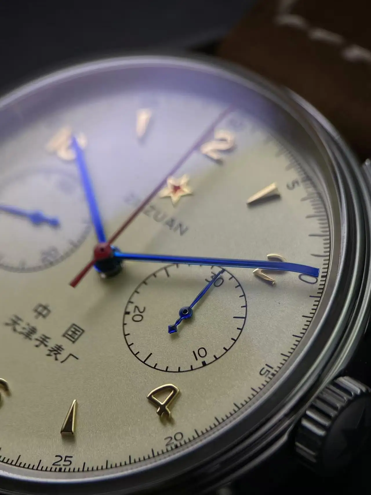 Vintage Chronograph Watch, Seagull ST1901 Movement, 40mm Steel Case, Sapphire Crystal, Blued Steel Hands, Suede Leather Strap