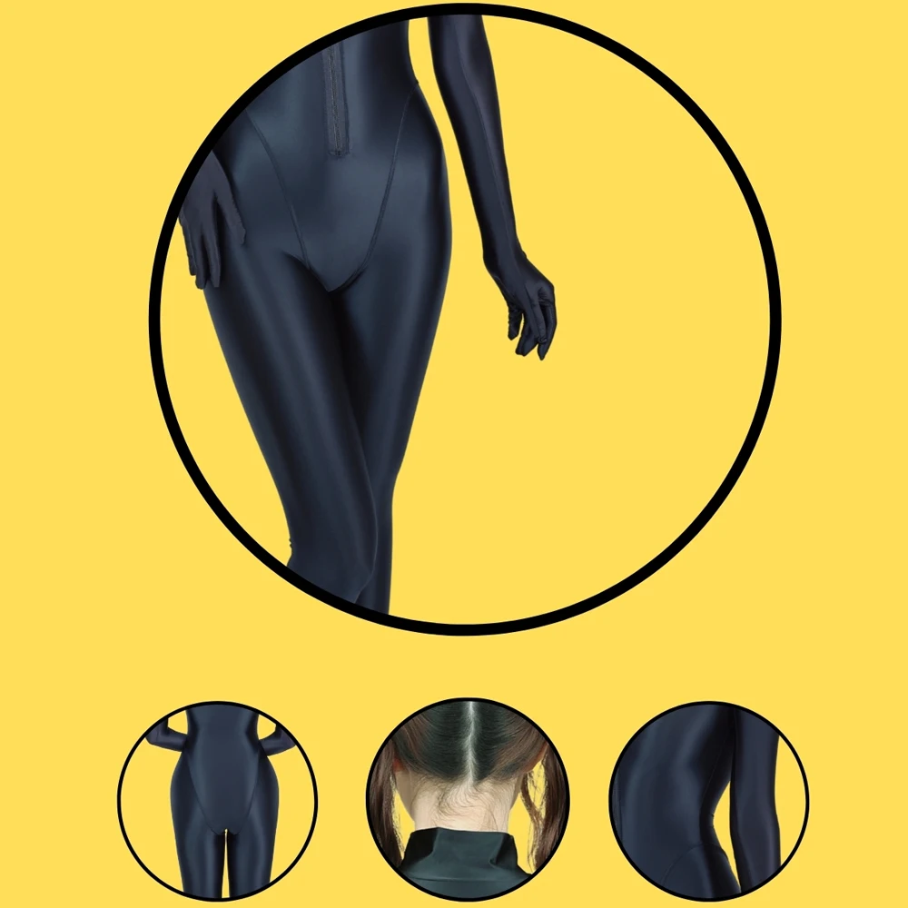 Women Sexy Smooth Glossy Zentai Suit Fitness Cosplay One Piece Jumpsuit Front Crotch Double Zipper Stretch Full-Length Bodysuit