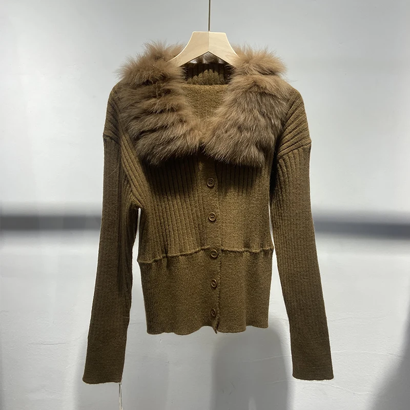 2025 رائجة البيع تصميم جديد جميل القهوة النساء الشتاء فرو الثعلب الحقيقي سميكة الحياكة الفتاة الفاخرة ضئيلة سترة سترة معطف