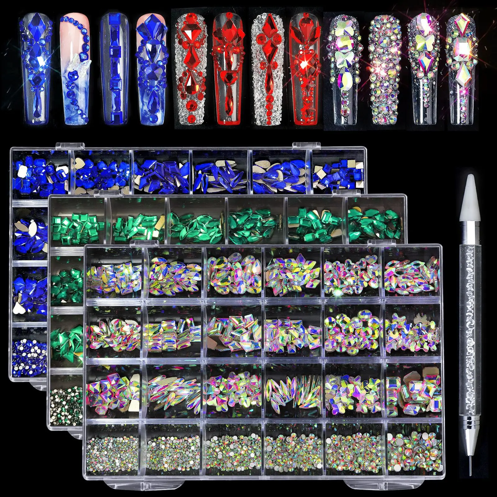 

Mixed white Blue Glass Crystal Diamond Flat Rhinestone Nail Art Decoration 24 Grid Box Nails Accessories Set With 1 Pick Up Pen