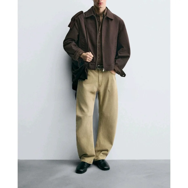 

Fall New Men's Long Sve Collared Jaet Elastic Hem Zipper Youth ort Sle Polyester Fiber 00% Faion Outerwear
