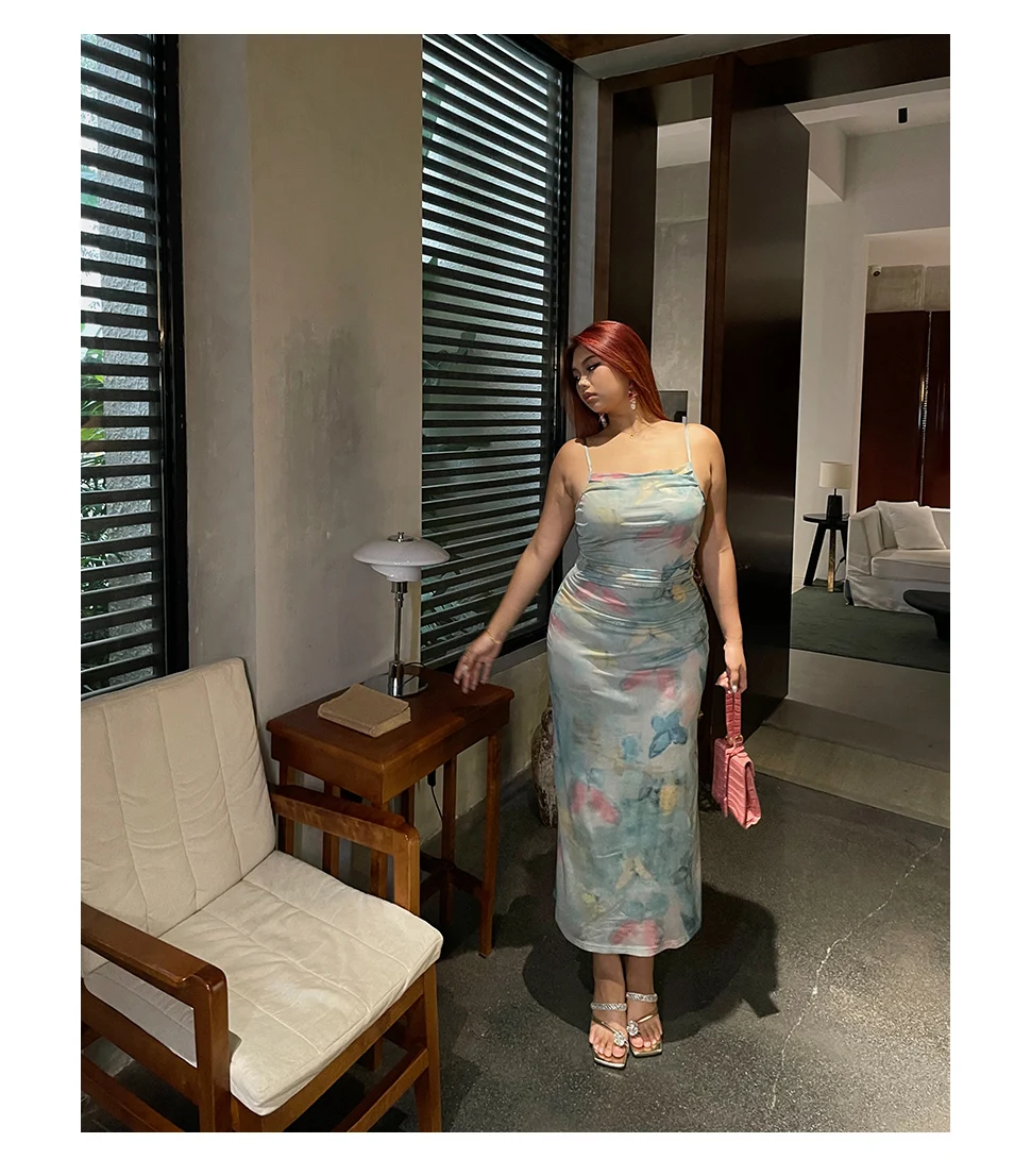 Sexy Elegant Gauze High Waist A-line Print Street Suspender Dress Summer Women Large Size Elastic Thin Slim Holiday Long Dresses