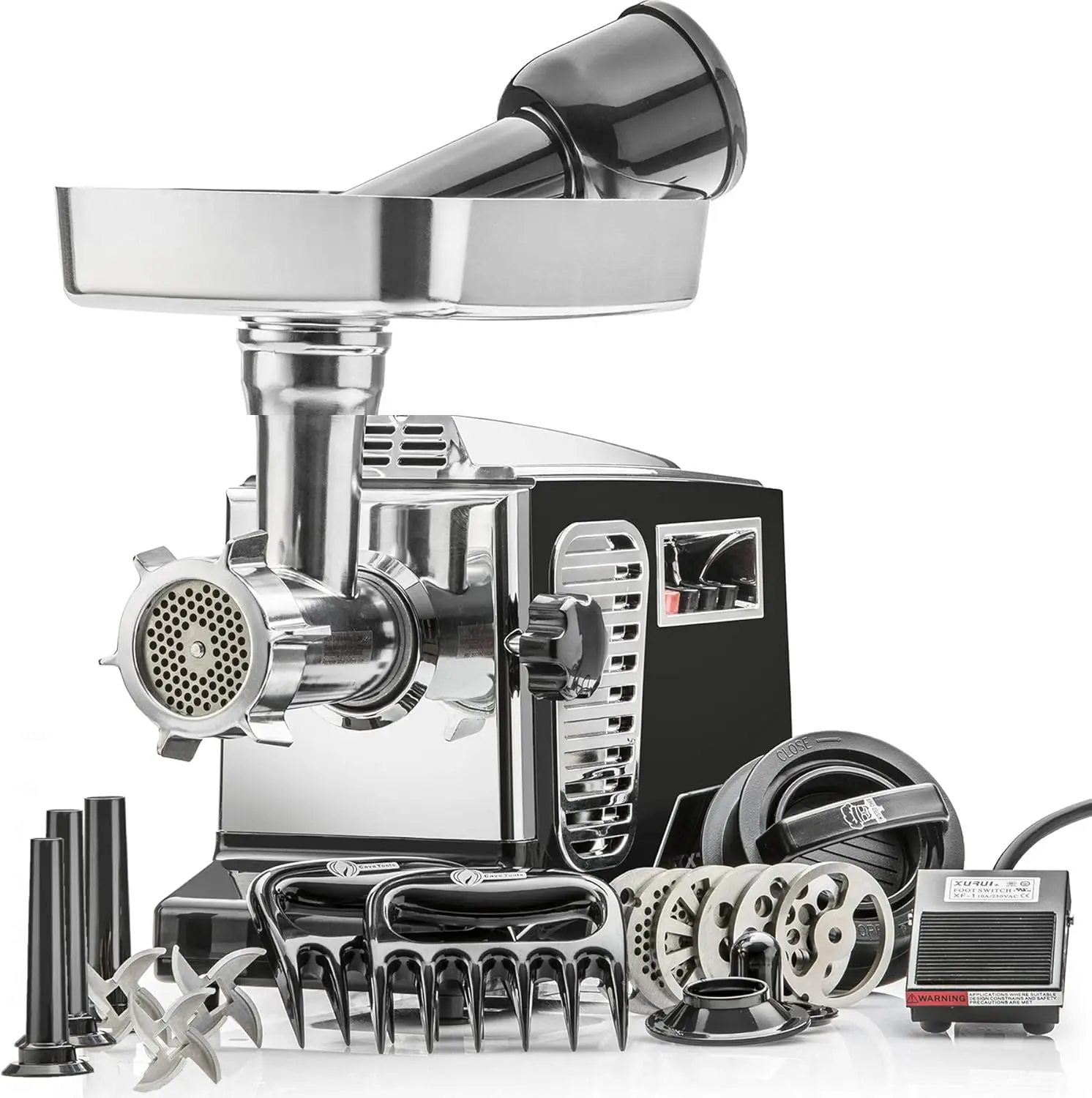 Heavy Duty Electric Meat Grinder & Sausage Stuffer: 6 Grinding Plates, 3 S/S Blades, 3 Sausage Tubes, Kubbe, 2 Meat Claws- Black