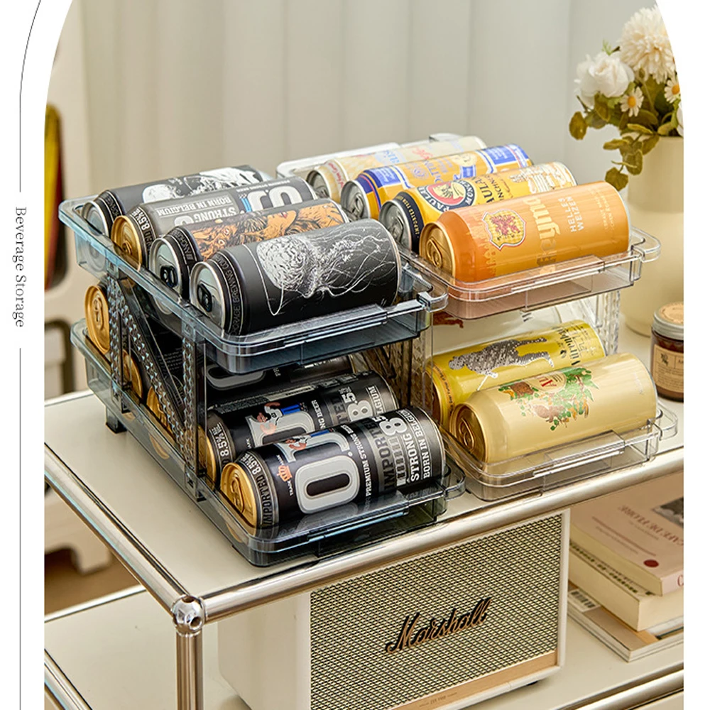 Double-Layer Cans Automatic Filling Rolling Retractable Canned Beer Basket Transparent Beverage Storage Box Cola Holder