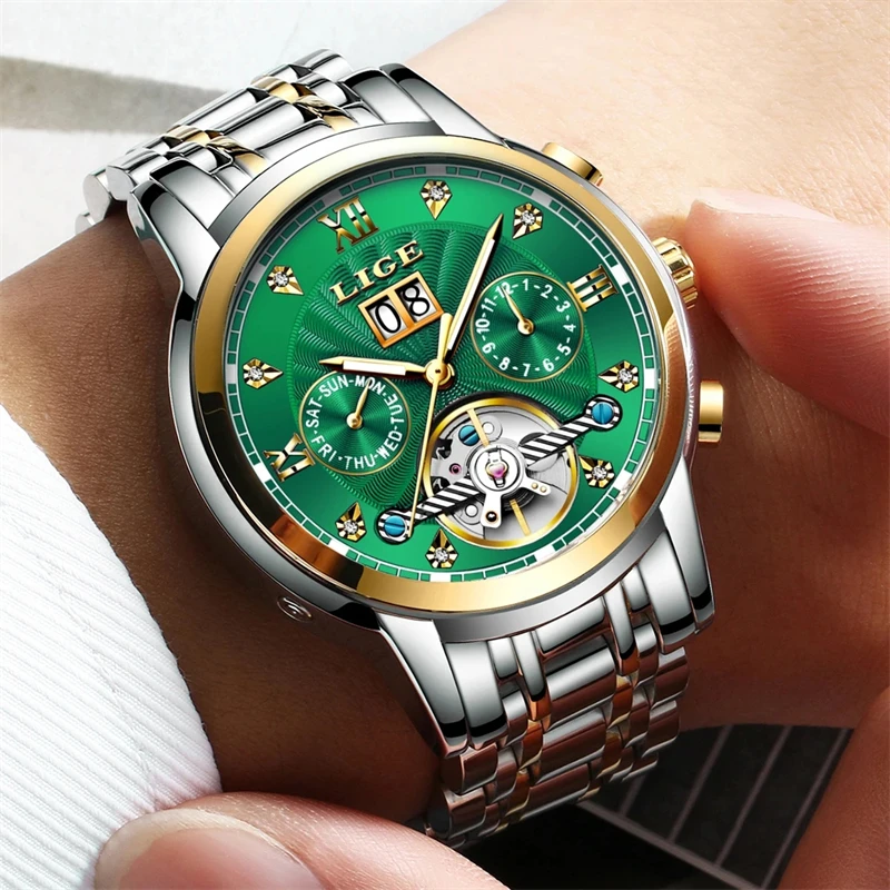 LIGE Green Fashion Mechanica Mens Watches Top Brand Luxury Tourbillon Waterproof Sport Automatic Mechanica Watches For Men+Box