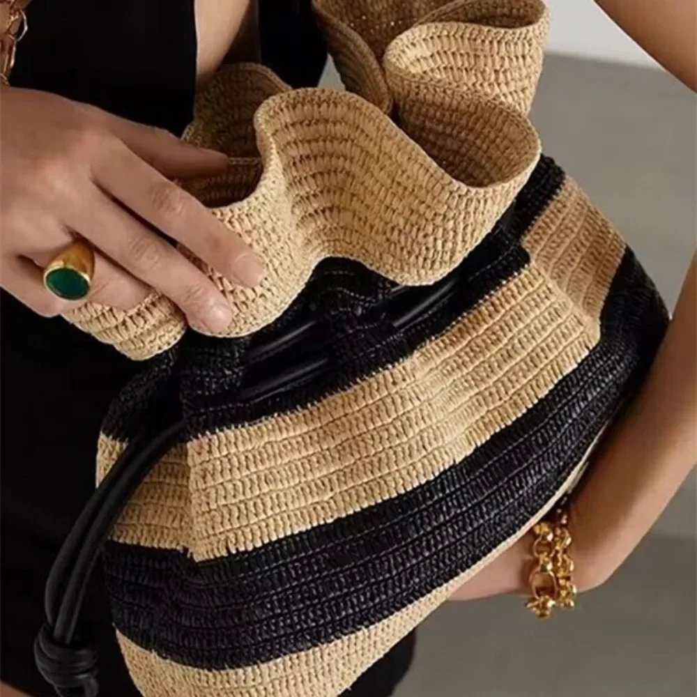 Straw Stripe Crochet Knitted Shoulder Bags Women Fashion Luxury Designer Handbags Female Girls Vintage Versatile Crossbody Bag