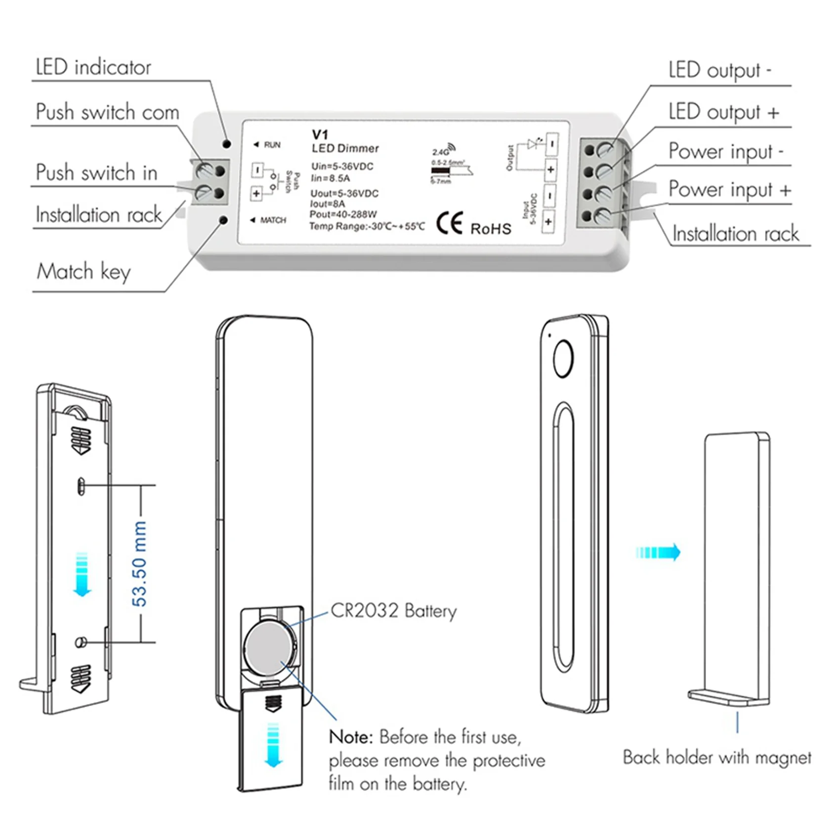 ABKN-3X LED Dimmer 12V 5V 24V 36V 8A PWM Wireless RF Switch With 2.4G Brightness Contact Remote For LED Single Color Strip