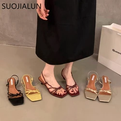 SUOJIALUN 2024 Summer New Brand Women Sandal Shoes Fashion Narrow Band Ladies Elegant Slides Med Heel Outdoor Gladiator Shoes