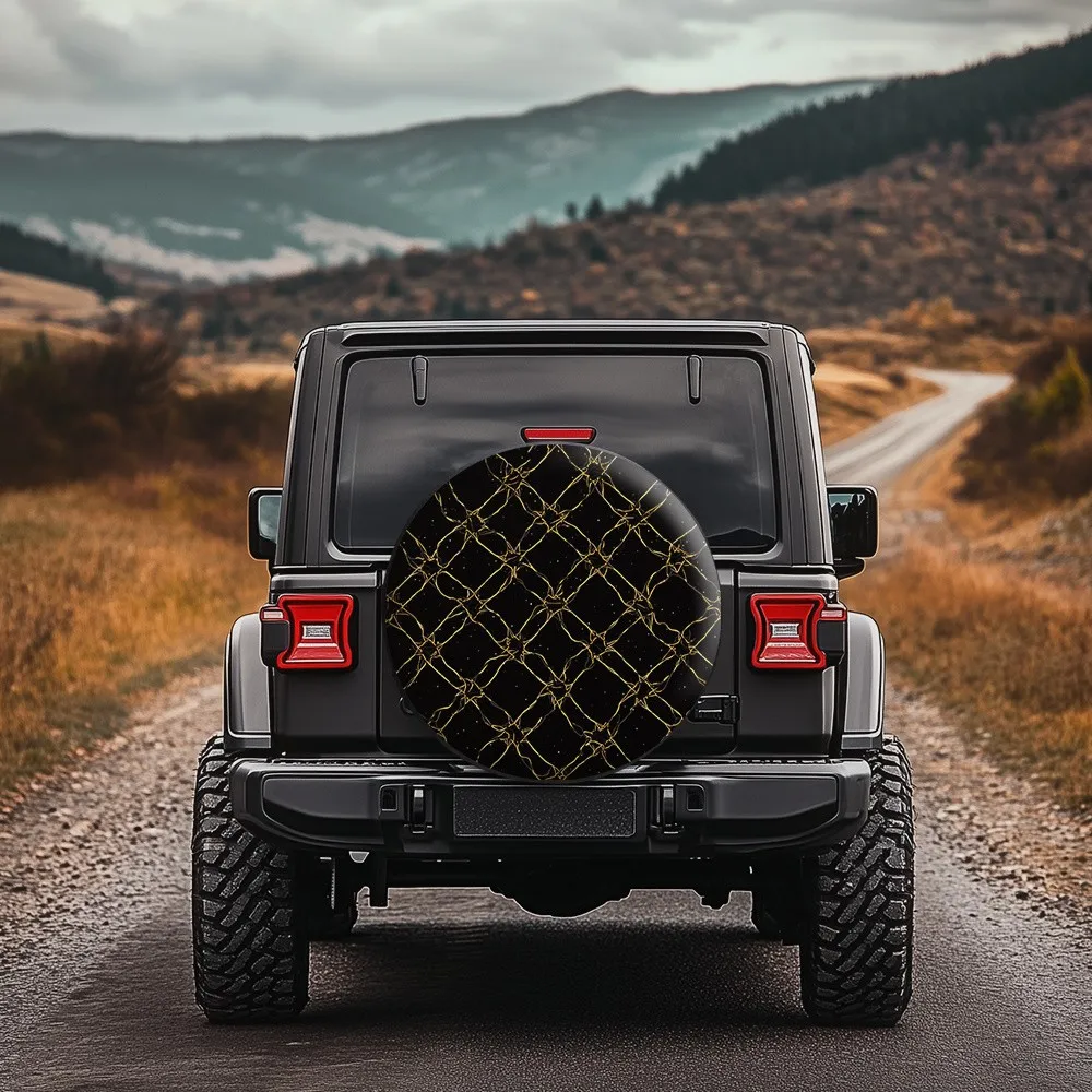 

Luxury Golden Geometric Pattern Spare Tire Cover Durable Polyester Protection for Jeep SUV Truck