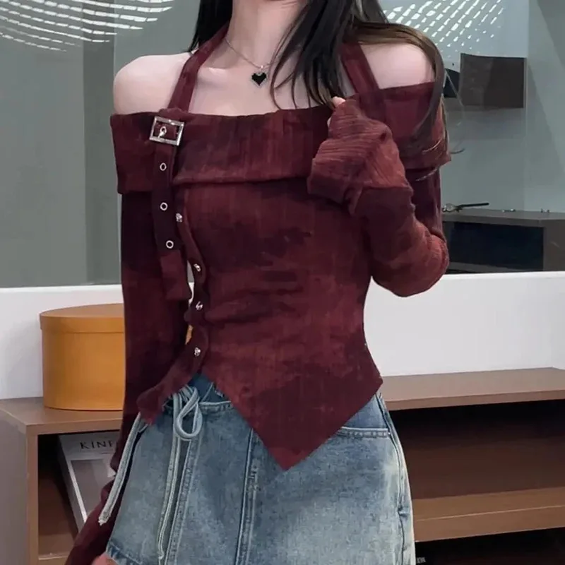 

Retro Rivet Women T Shirt Autumn Slash Neck Tie Dye Off Shoulder Long Sleeve Tees Patchwork Halter Y2K Hotsweet Vintage Tops