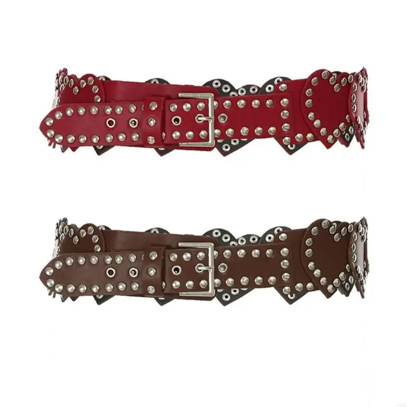 

49MC Retro Punk Rivet Waistband Fashion Heart Pattern PU Leather Belt For Daily Wear