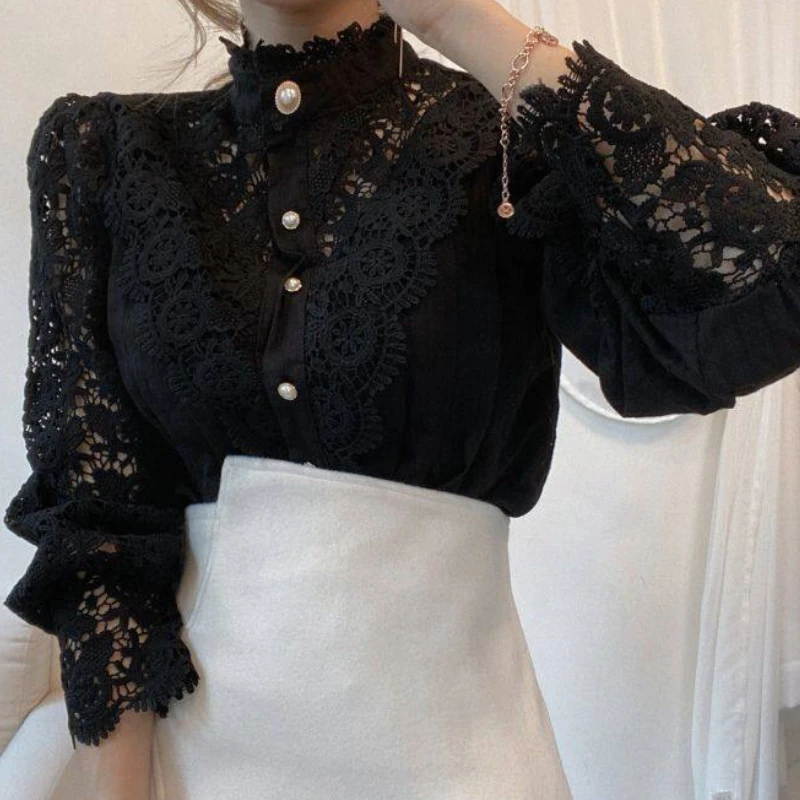 Spring Sweet Hollow Out Lace Patchwork Blouse Autumn Button White Top Women Blusas Petal Sleeve Flower Stand Collar Shirt 12419