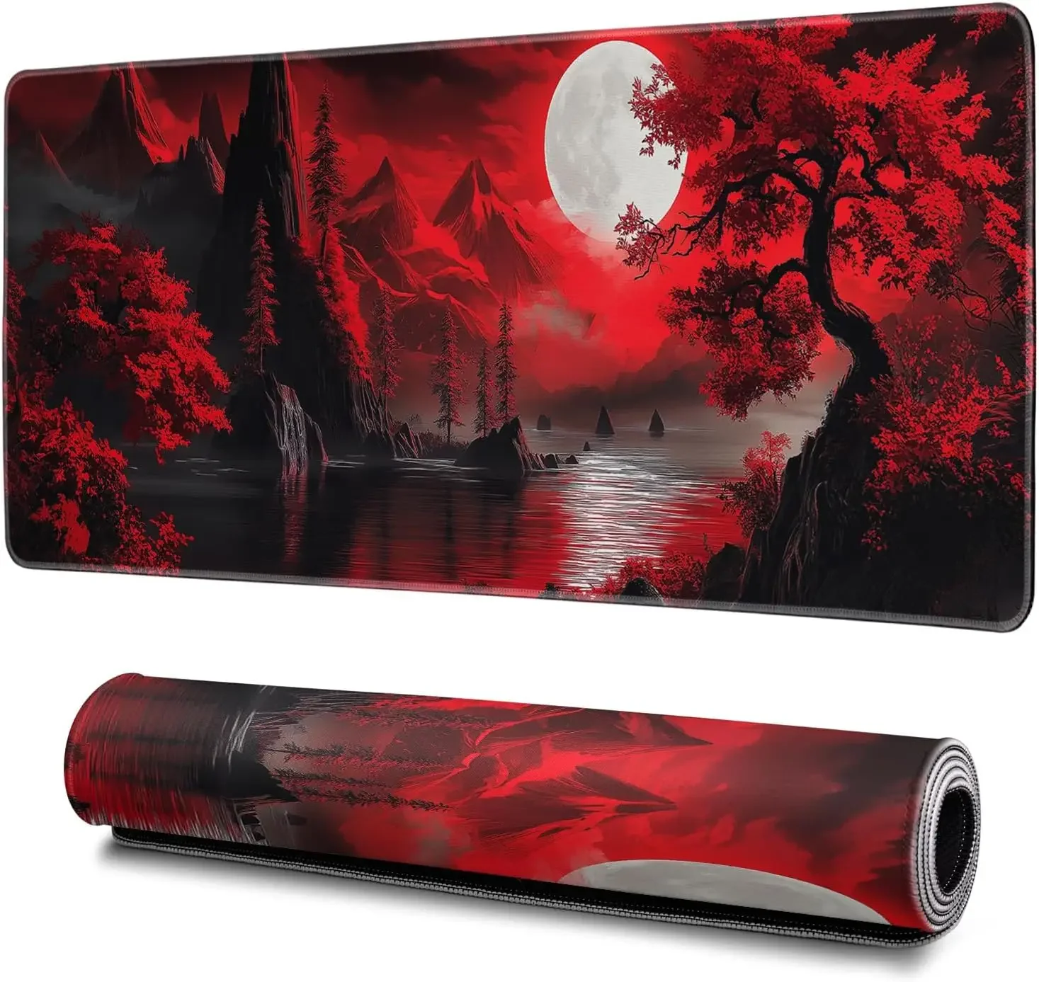 Stylish Red Moonlit Mountain Lake Landscape Large Mouse Pad Non-Slip Extended Desk Mat for Gaming Office Laptop and Workstation