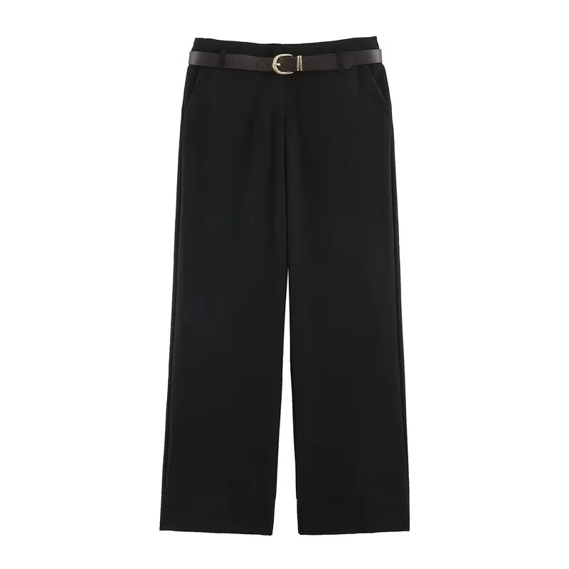 New Autumn 2026 Women's Casual Straight Leg Pants Cuffed Hem with Belt Natural Waist Zipper Closure Ladies Fashion