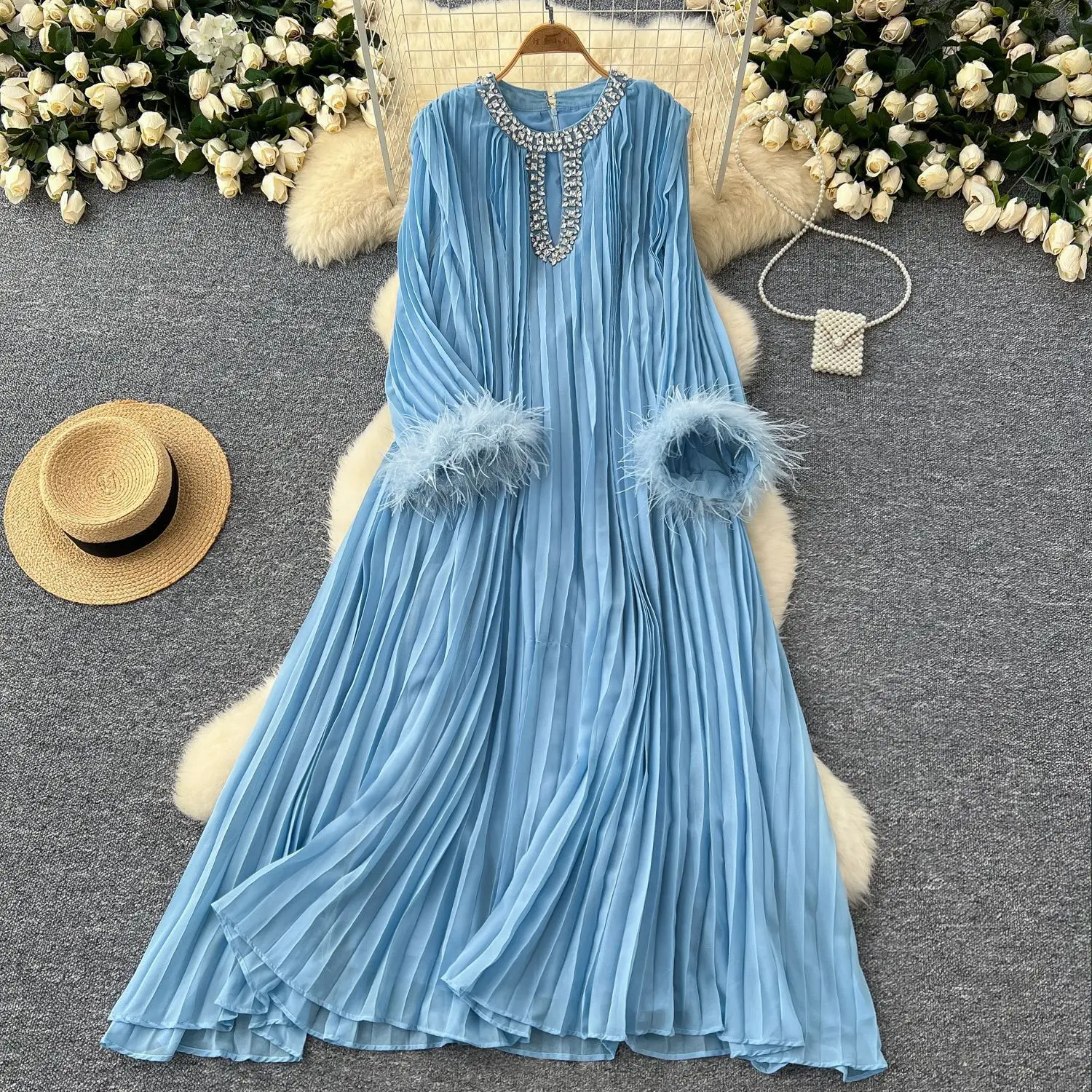 Luxury Pleated Chiffon Maxi Dresses Women's 2025 Spring Summer Crystal Fur Full Sleeve Robe Prom Evening Party Long Dress Lady