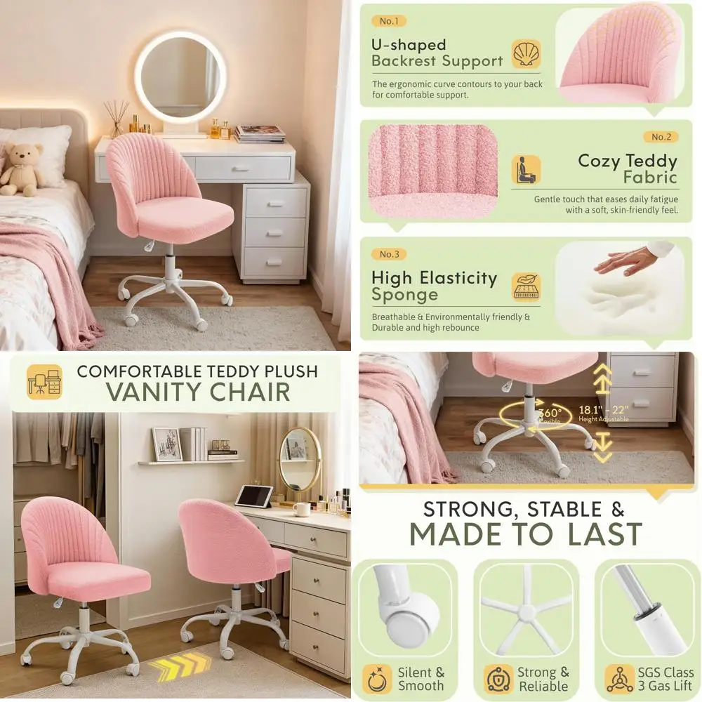 

Modern Pink Teddy Velvet Swivel Chair for Home Office Desk with Adjustable Features and Wheels