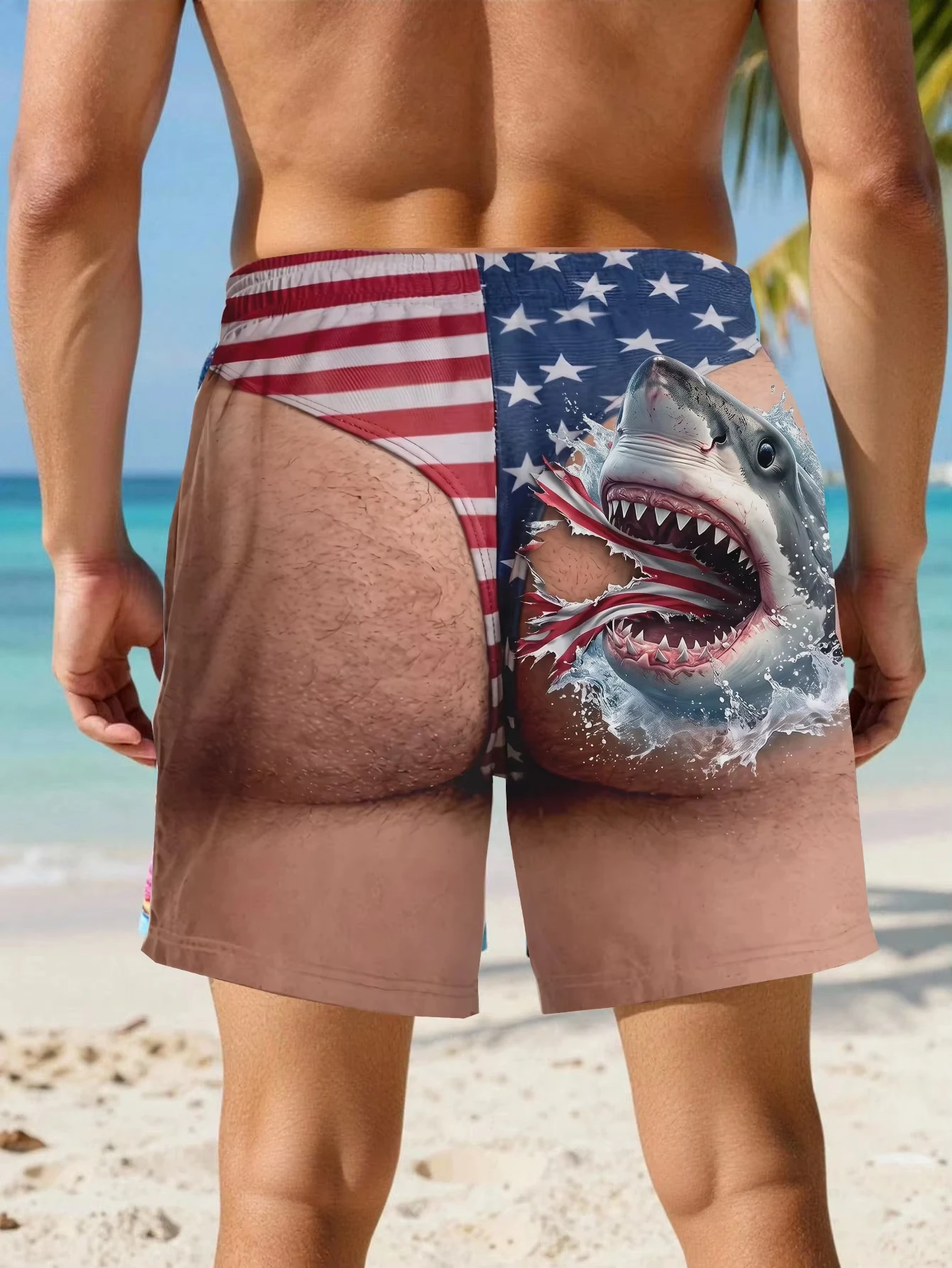 Personalized Funny USA Flag Swim Trunks Patriotic Men’s Shark Shorts Beach Shorts Novelty Summer Gift for Him, Shark Shorts Moto