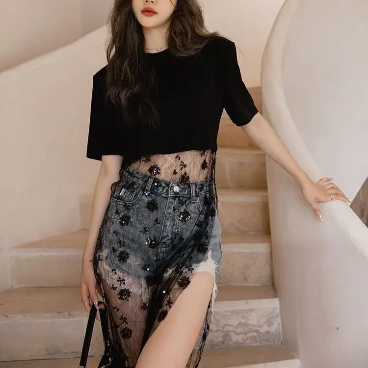 Mesh Patchwork Through T-Shirt Lace Long Skirt Sexy Transparent Mesh Women  Korean Fashion  Design Personality T-Shirt