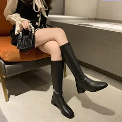 2024 New Female Soft PU Leather Thigh High Boots Autumn Fashion Slim Chunky Heels Over The Knee Boots Women Party Shoes Black