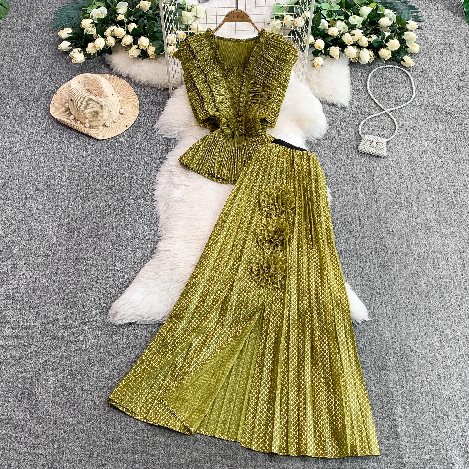 

Элегантный винтажный шикарный v-образный вырез с рюшами и разрезом, тонкий французский вечерний женский уличный костюм, церемониальные платья, комплект из двух предметов