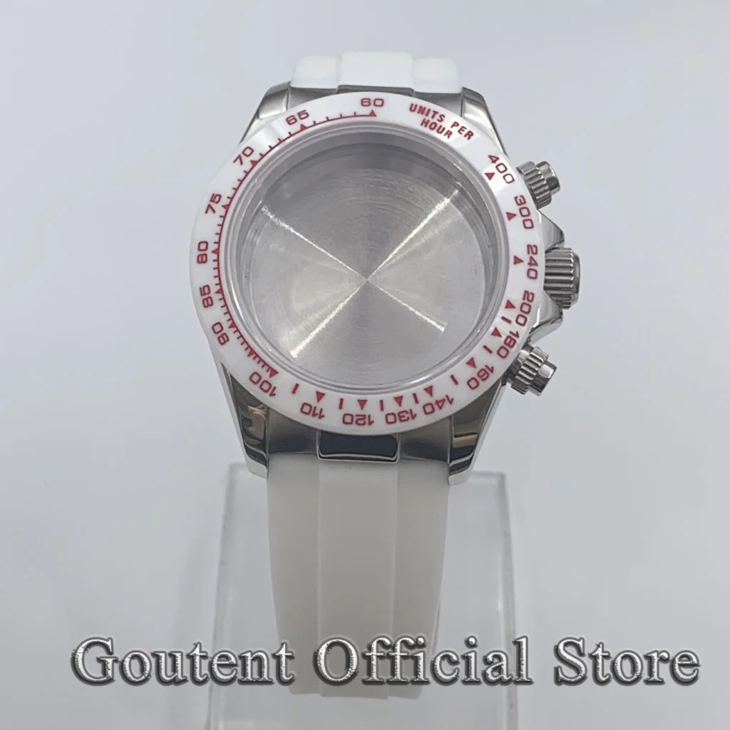 Goutent 40mm Silver Sapphire Crystal Quartz Watch Case White Rubber Strap Fit VK63 Movement Watch Accessories