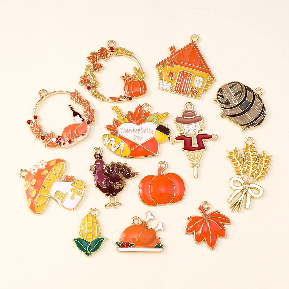 10pcs Enamel Thanksgiving Day Charms Cute Mushroom Wheat Pumpkin Corn Turkey Pendants for Earrings Necklace DIY Jewelry Making