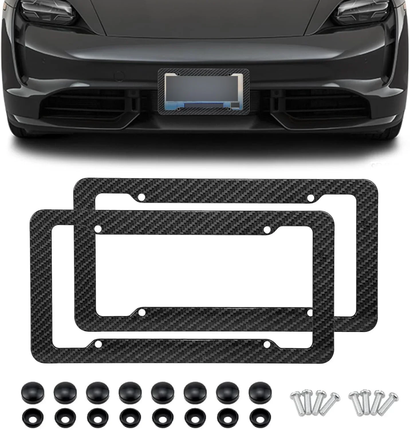 1/2PCS Carbon Fiber License Plate Frame-Black Plastic Front & Rear Car Tag Holder Cover With Mount Hardware, Screws