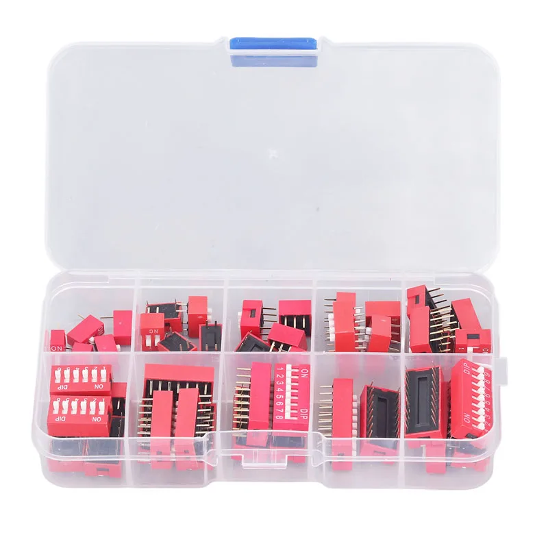 45Pcs Dip Switch Assorted Kit Range 1/2/3/4/5/6/7/8/9P 2.54mm Slide Type Red White Toggle Switch 9 Size