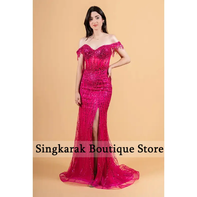 Vestidos de fiesta con cuentas y hombros descubiertos, sirena roja personalizada, abertura lateral, largo hasta el suelo, vestido de graduación con lentejuelas