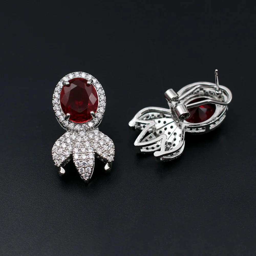 6pair Oval Colors Red Green Blue CZ Zirconia Earrings Post Silver Plated Copper Studs For DIY Women Handmade Earrings