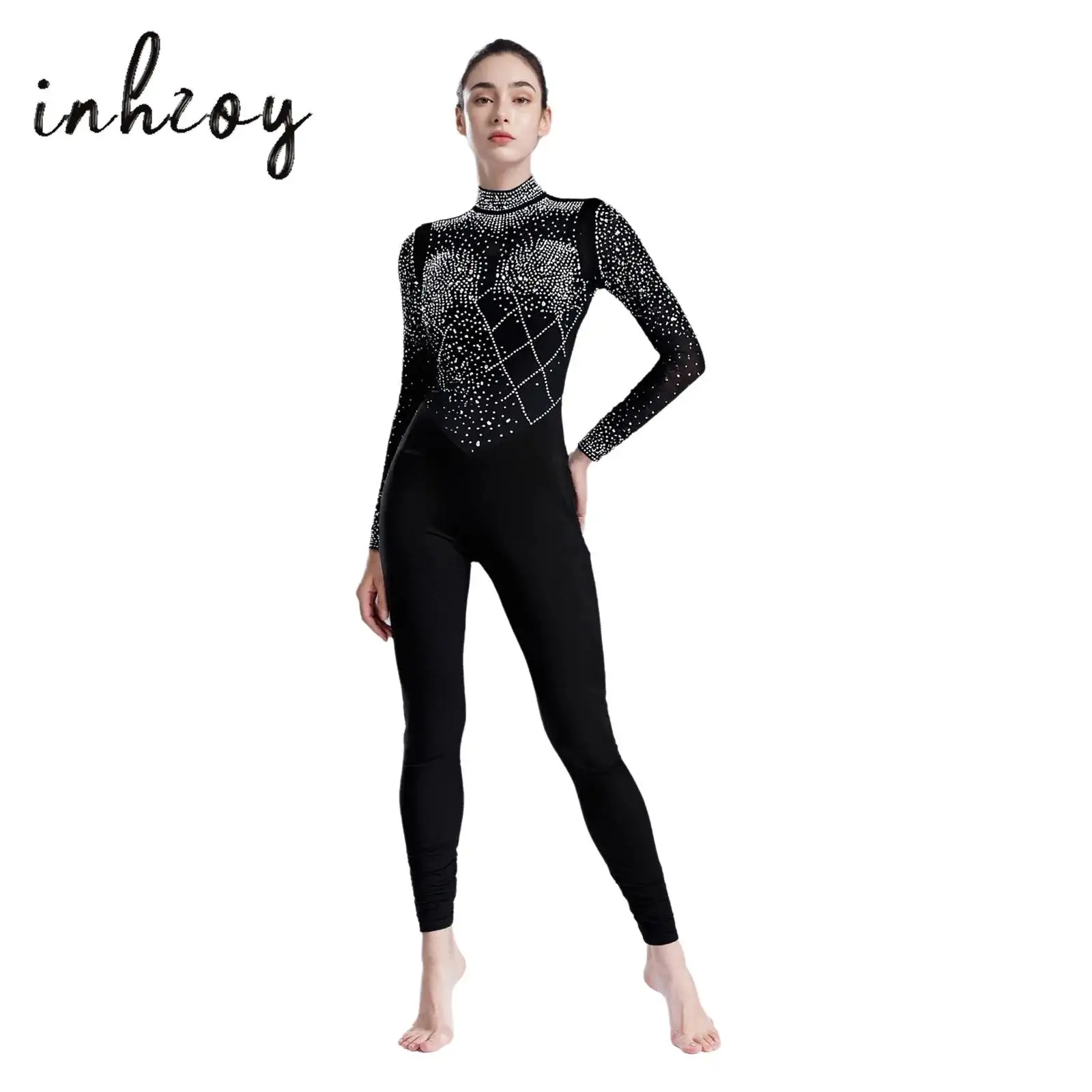 

Women's Glittery Rhinestones Gymnastics Jumpsuit Sheer Mesh Patchwork Mock Neck Long Sleeve Dance Rompers One-piece Bodysuit