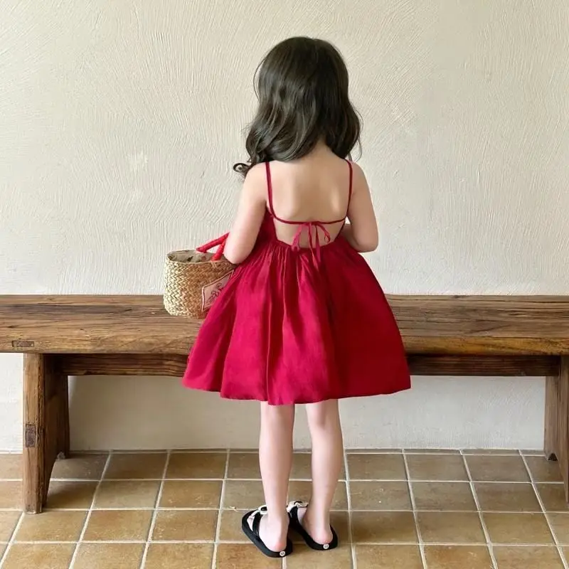 Girls Summer Dress 2025 New Fashion Kids Elegant Backless Spaghetti Strap Dress Holiday Style Children Clothing