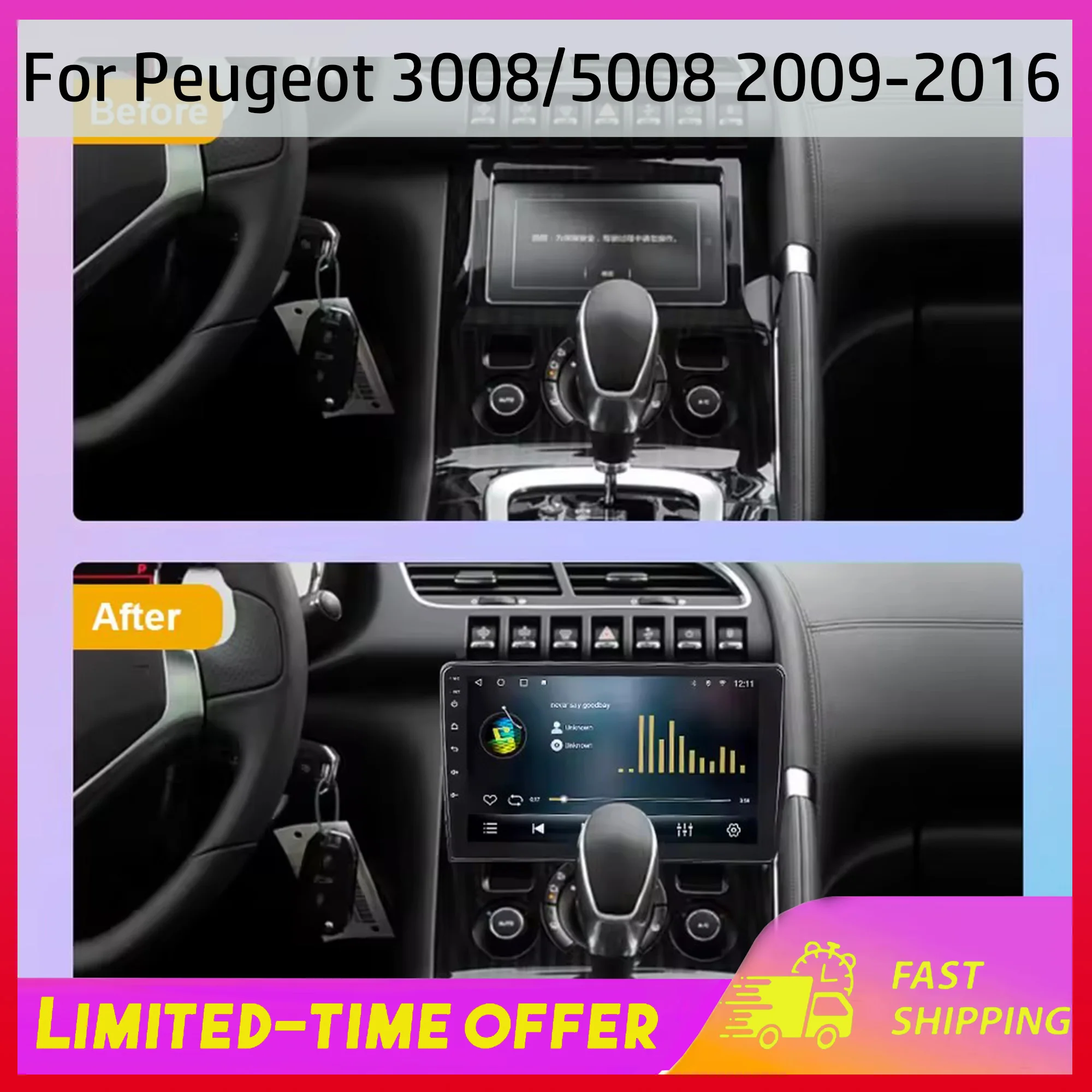 Écran Android 15 pour autoradio GPS de voiture Peugeot 3008/5008 (2009-2016) avec Carplay, Bluetooth et lecteur multimédia 9 pouces