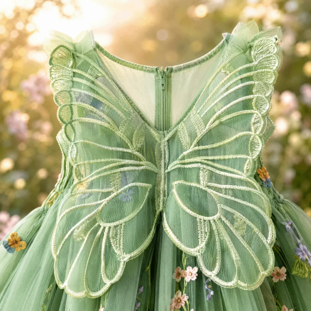 Adorable Mesh Fabric Princess Dress Puff Skirt Suspender Design Tutu Dress Chiffon Material 3D Wings Fairy Dress For Girls