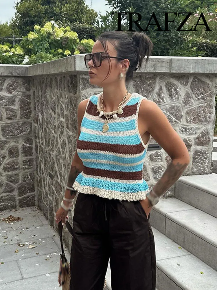 

TRAFZA Women Summer New Fashion Laminated Decoration Striped Sleeveless Knit Top Female Elegant Seaside Vacation Casual Vest Top