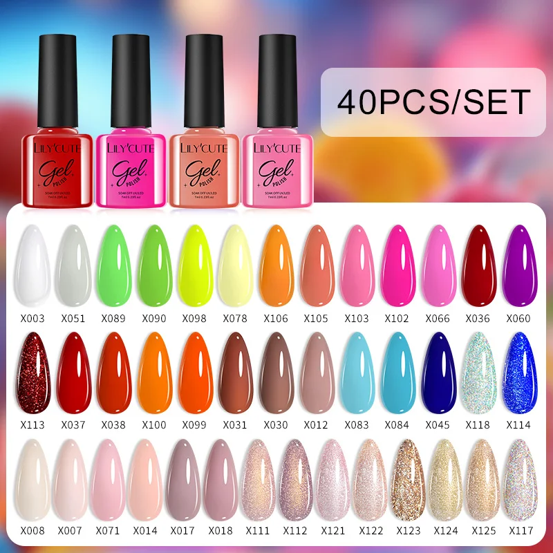 

LILYCUTE 7ml 40Pcs Gel Nail Polish Kit Soak Off UV LED Gel Varnishes Colorful Glitter Nail Gel Polish For Nail Art Manicure Set