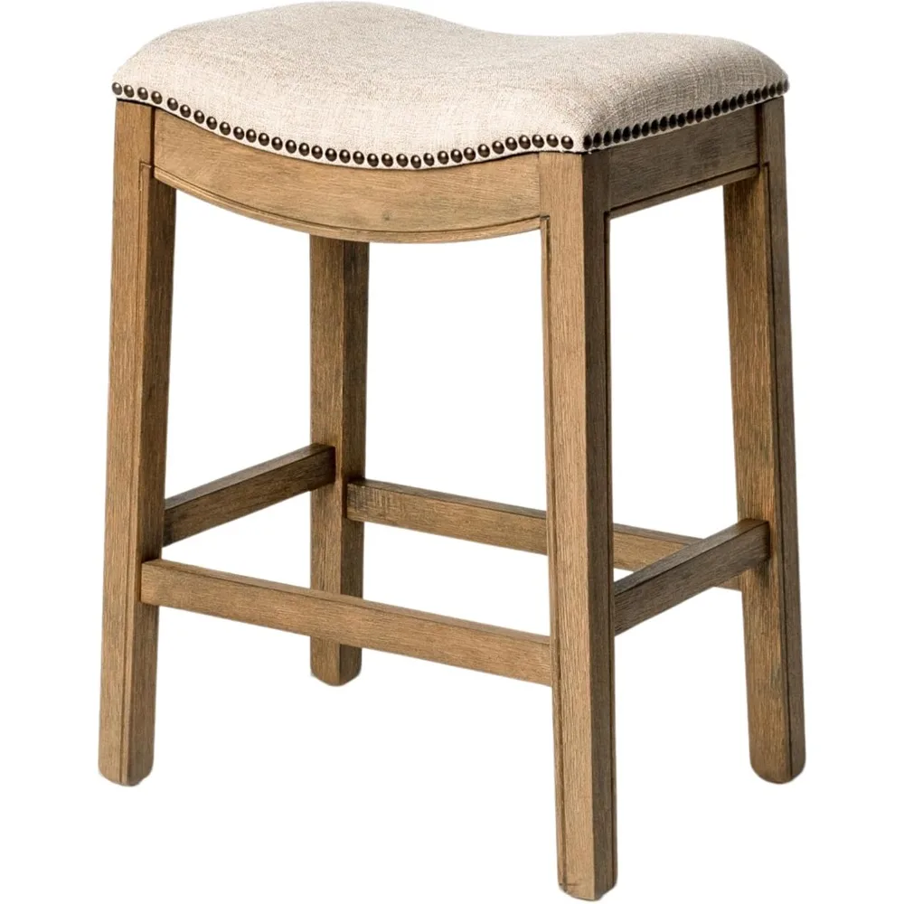 

26 Inch Counter Height Upholstered Backless Saddle Barstool in Natural Wood Finish with Wheat Cream Fabric Cushion Seat