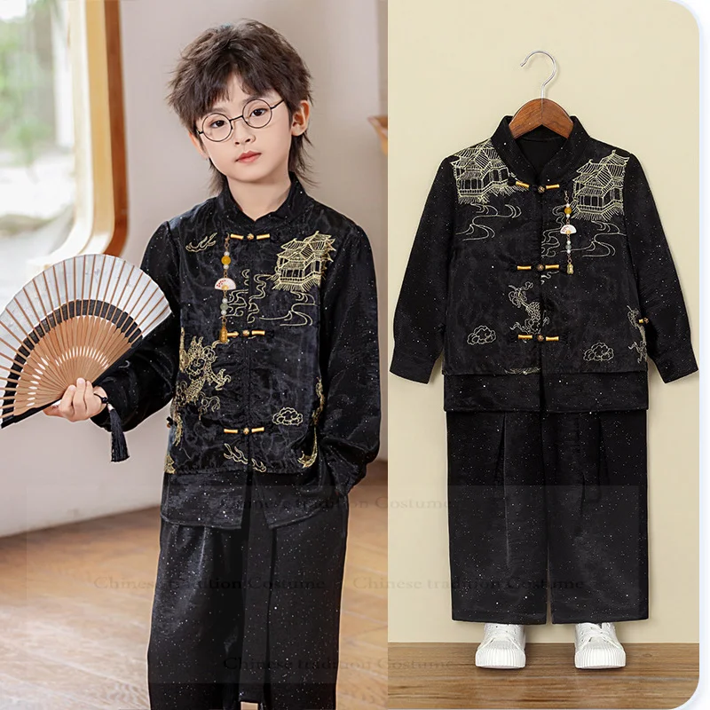 

Child New Chinese Style Hanfu Suit Black Tang Clothes Vintage Embroider Mandarin Collar Coat Pants New Year Host Performance