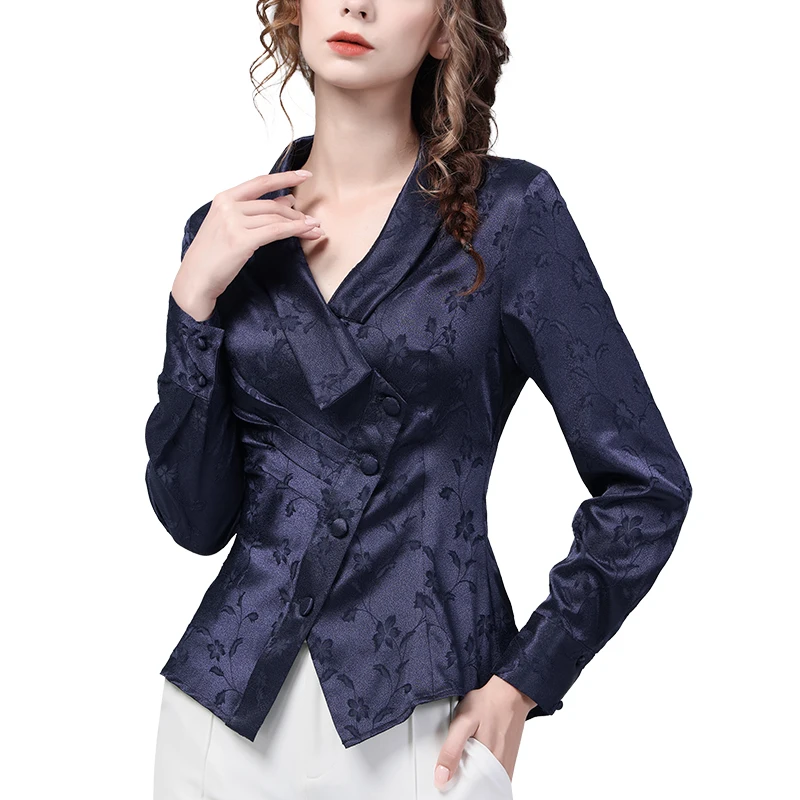 Vintage Women Long Sleeve V-Neck Dark Color Jacquard Satin Blouse Elegant Slim Cinch Waist Short Spring Summer Top Casual Shirts