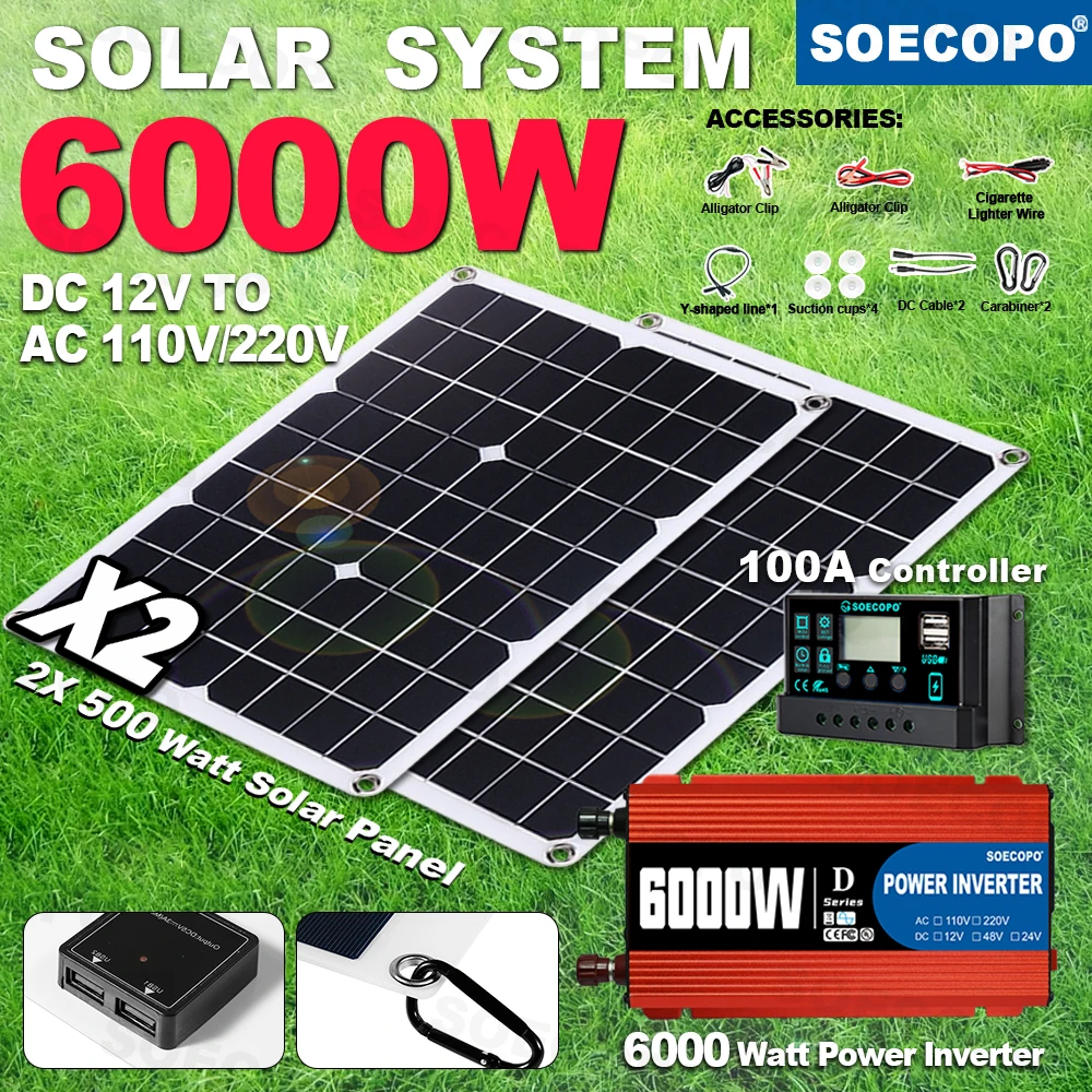

SOECOPO 6000W Solar System Kit 2*500W Solar Panls for Full Field House 100A Controller Camping DC 12V - AC 110V/220V Inverter