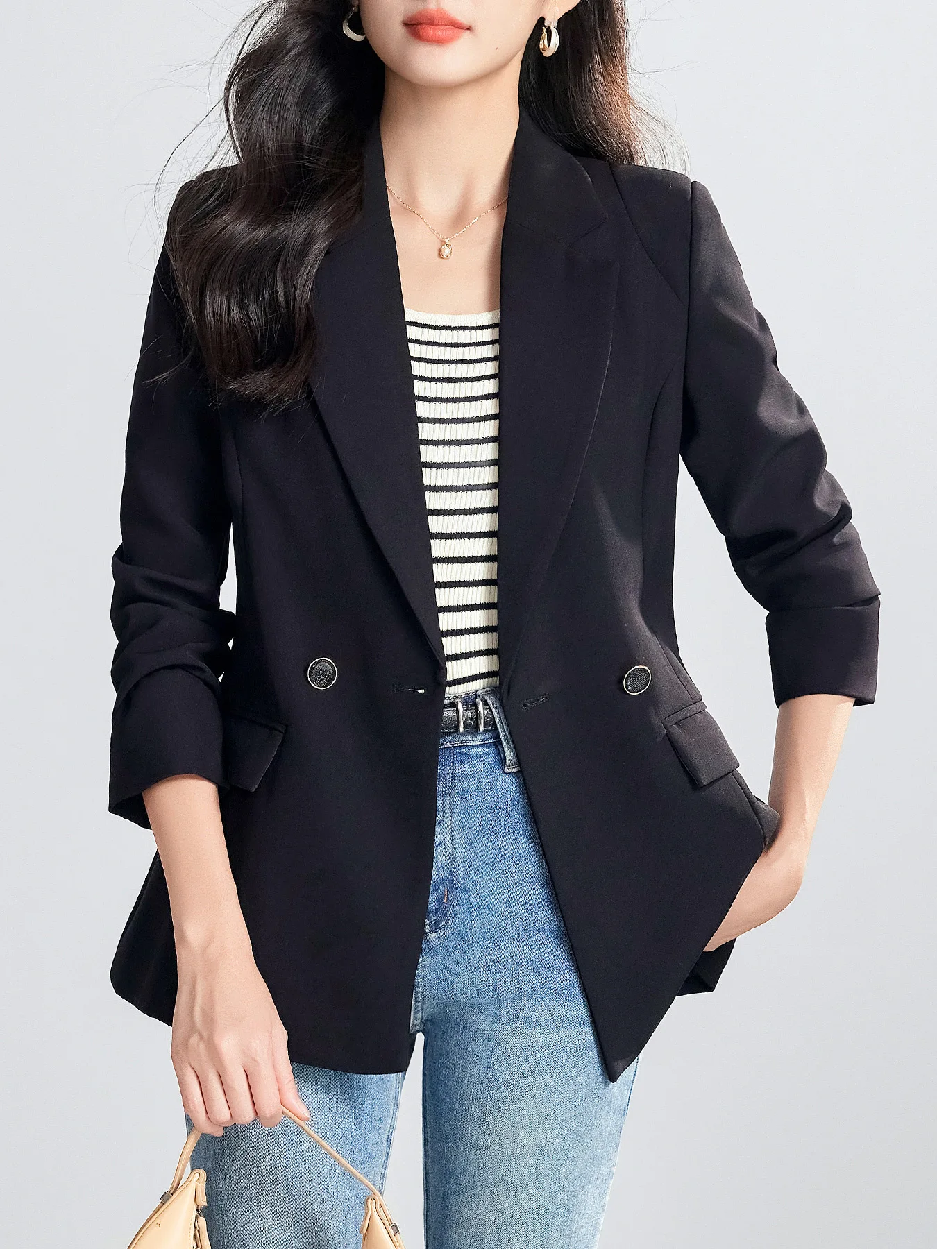 

High-End Double-Breasted Women's Tailored Blazer - Spring Autumn Workwear, Elegant & Versatile Office Casual Suit
