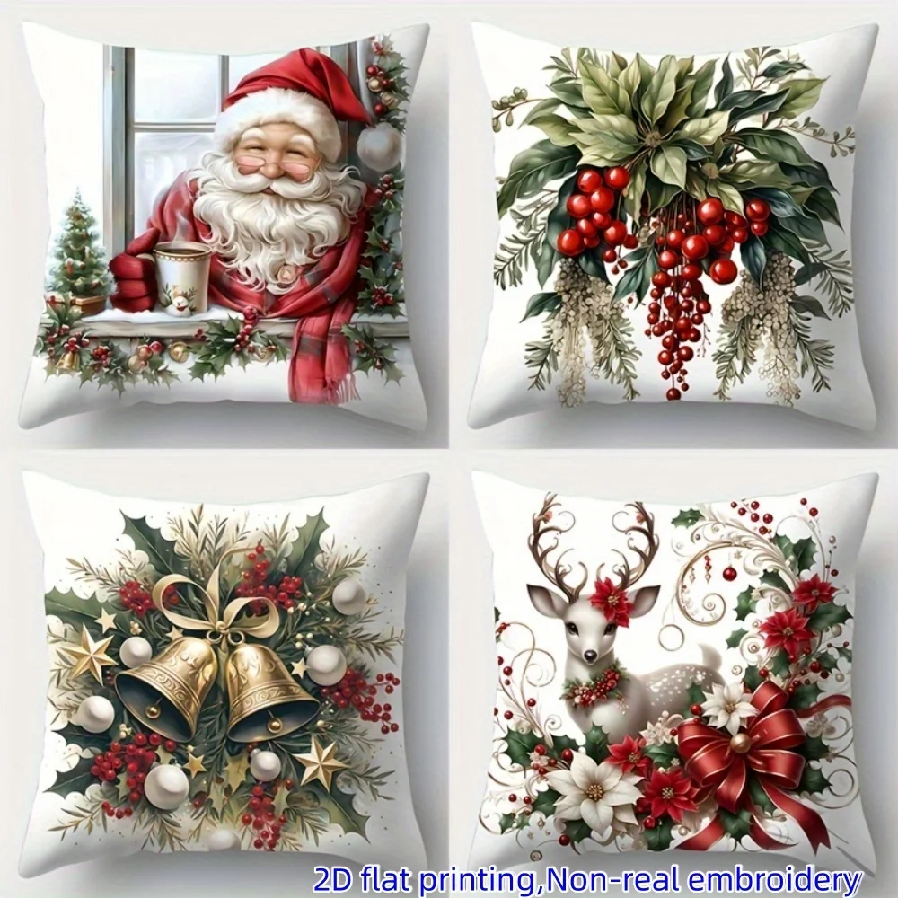 4pcs 2D Flat Printing Christmas Pillow Covers, Featuring Santa Claus by the Window, Red Berries and Green Leaves, Golden Bells w