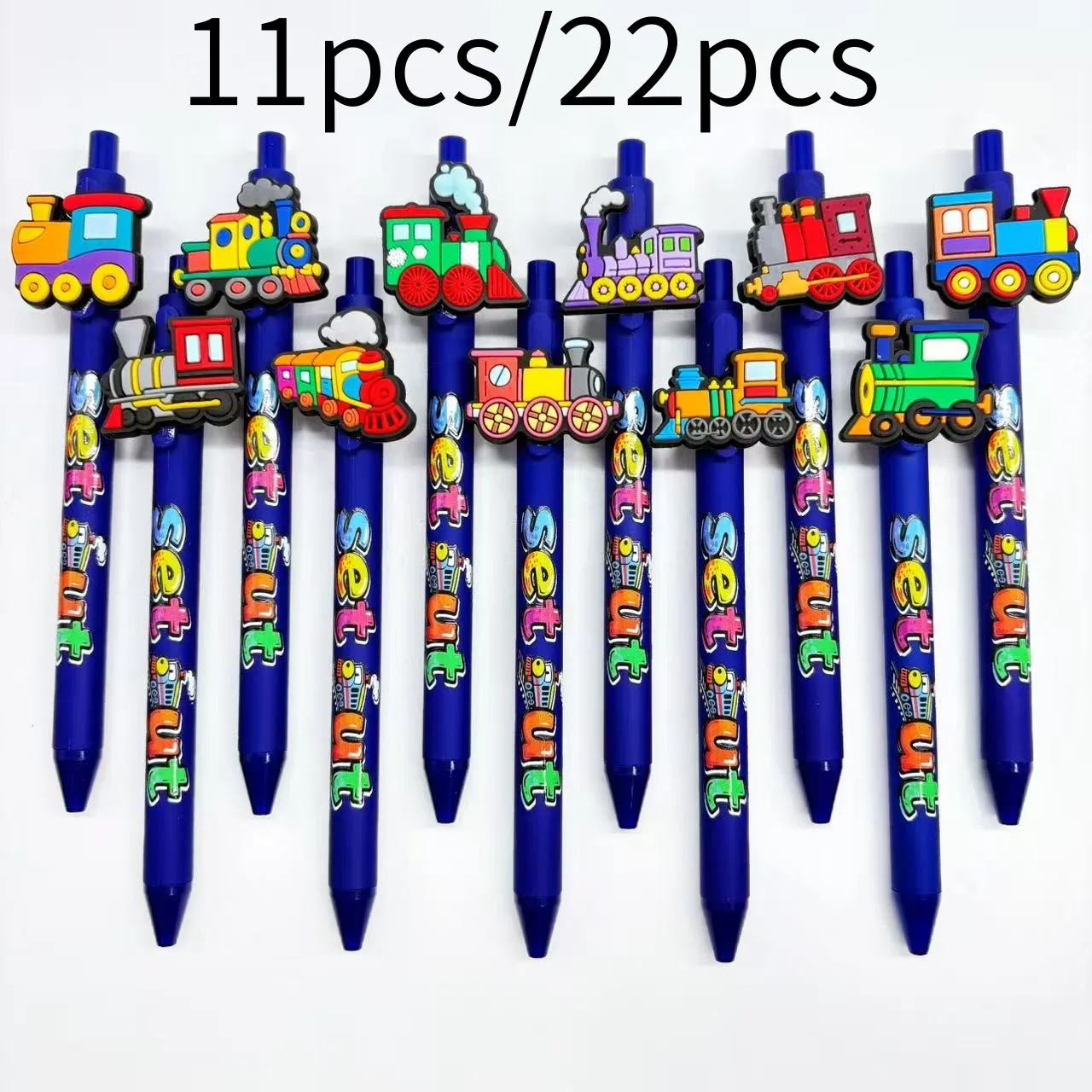 

11pcs/22pcs Creative Little Train themed ballpoint pen, dark blue pen holder, ink quick drying pen, student writing gift pen