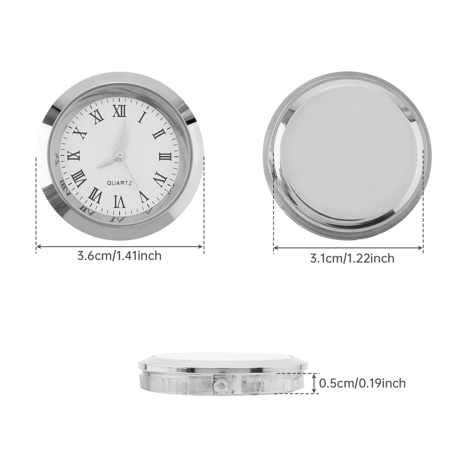1-1/2inch (37mm) Quartz Movement Round Mini Clock Insert for 35mm Diameter Hole with White Face,Roman Numerals,Silver Tone Bezel