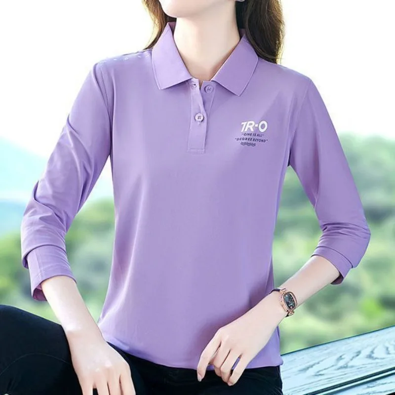 

Женская весенне-осенняя простая повседневная однотонная футболка с воротником-поло и длинными рукавами, женские трендовые офисные женские универсальные свободные топы