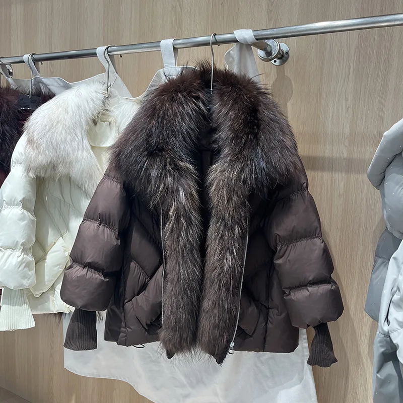 شتاء جديد فاخر الراكون الفراء طوق قصيرة أسفل سترة المرأة فضفاضة سميكة الدافئة فو الفراء معطف #1